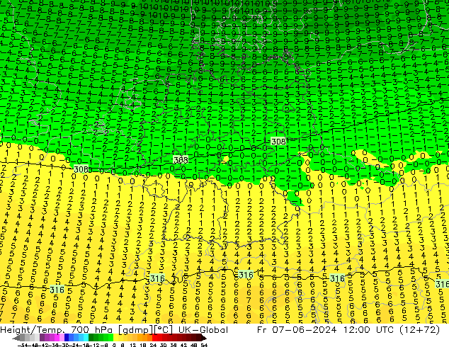 Height/Temp. 700 hPa UK-Global Fr 07.06.2024 12 UTC