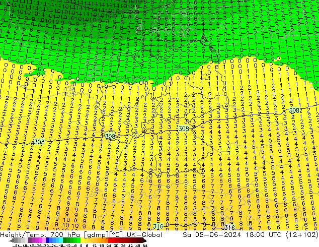 Géop./Temp. 700 hPa UK-Global sam 08.06.2024 18 UTC