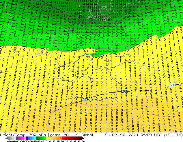 Height/Temp. 700 hPa UK-Global  09.06.2024 06 UTC