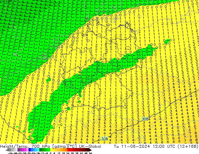 Height/Temp. 700 hPa UK-Global  11.06.2024 12 UTC