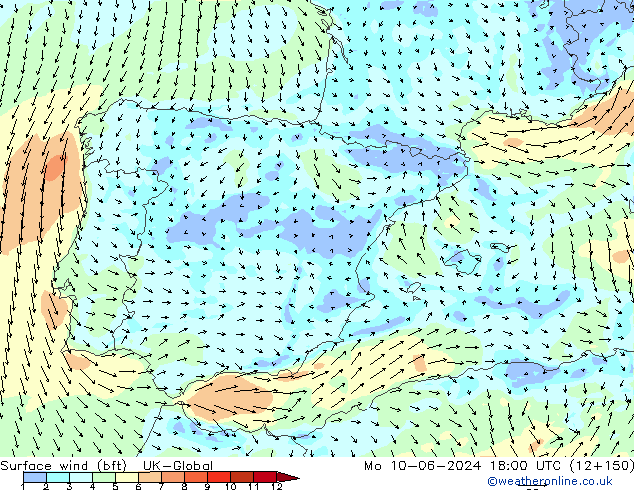 Vento 10 m (bft) UK-Global lun 10.06.2024 18 UTC
