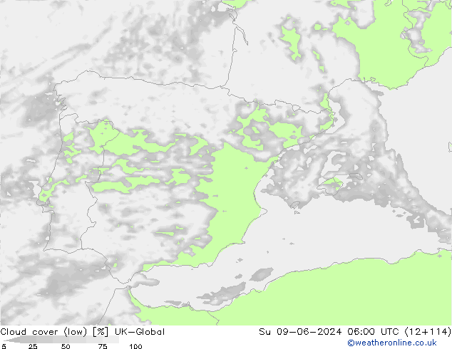 Cloud cover (low) UK-Global Su 09.06.2024 06 UTC