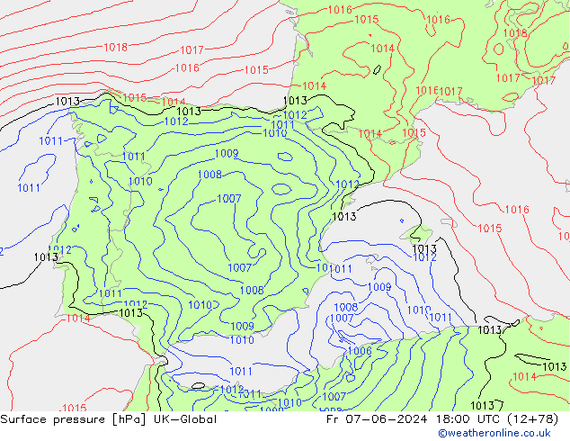 Presión superficial UK-Global vie 07.06.2024 18 UTC