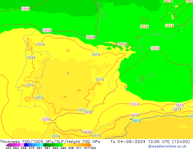 Espesor 700-1000 hPa UK-Global mar 04.06.2024 12 UTC