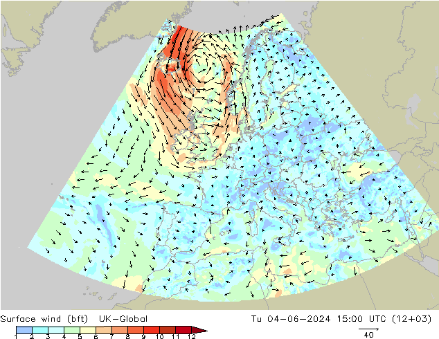 Surface wind (bft) UK-Global Tu 04.06.2024 15 UTC