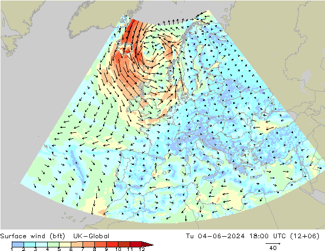 Surface wind (bft) UK-Global Tu 04.06.2024 18 UTC