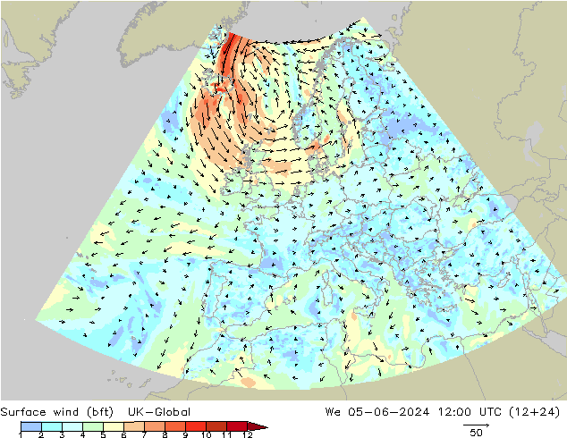 Surface wind (bft) UK-Global We 05.06.2024 12 UTC