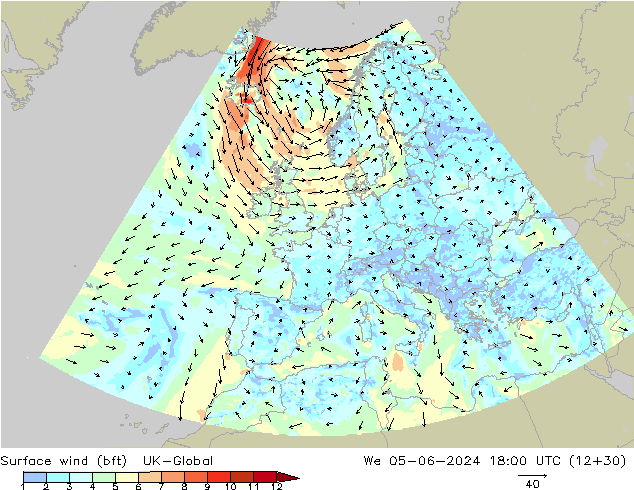 Bodenwind (bft) UK-Global Mi 05.06.2024 18 UTC