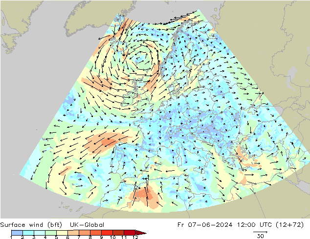 Rüzgar 10 m (bft) UK-Global Cu 07.06.2024 12 UTC