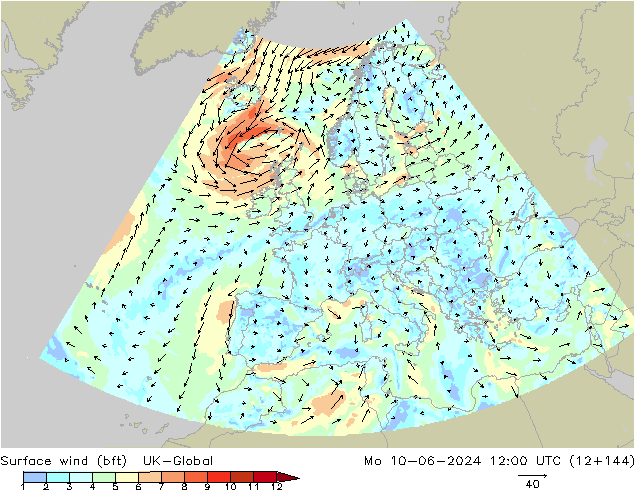 Surface wind (bft) UK-Global Mo 10.06.2024 12 UTC