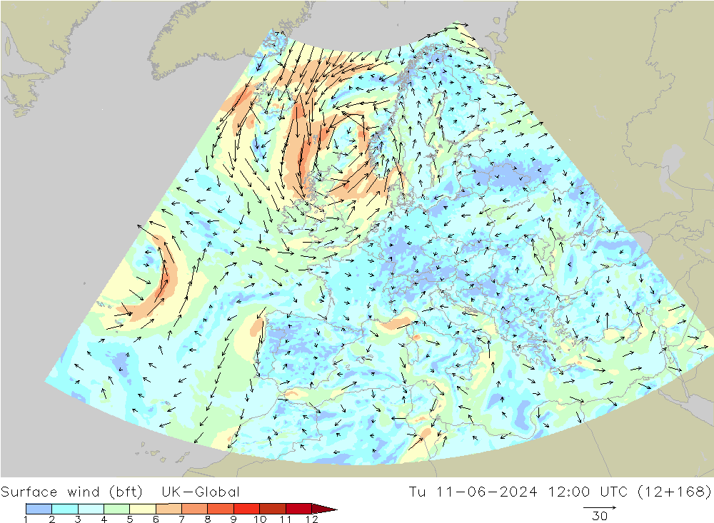 Bodenwind (bft) UK-Global Di 11.06.2024 12 UTC