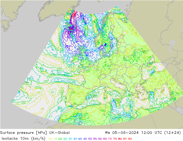 Isotachs (kph) UK-Global Qua 05.06.2024 12 UTC