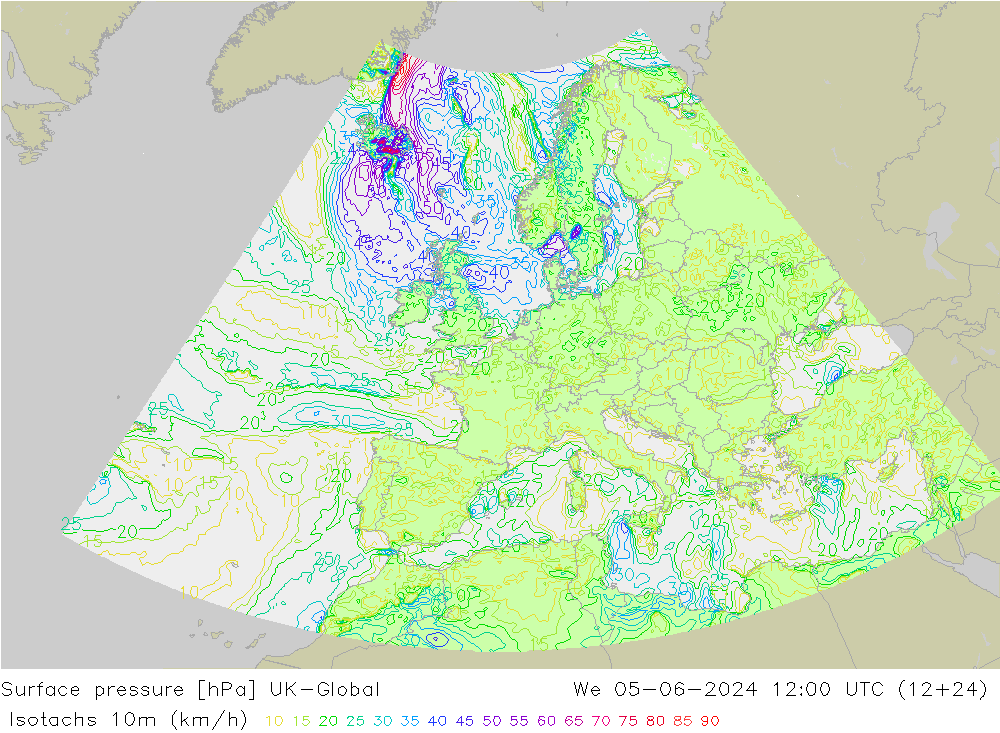 Isotachs (kph) UK-Global St 05.06.2024 12 UTC