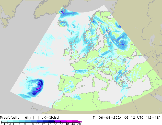 Precipitation (6h) UK-Global Th 06.06.2024 12 UTC