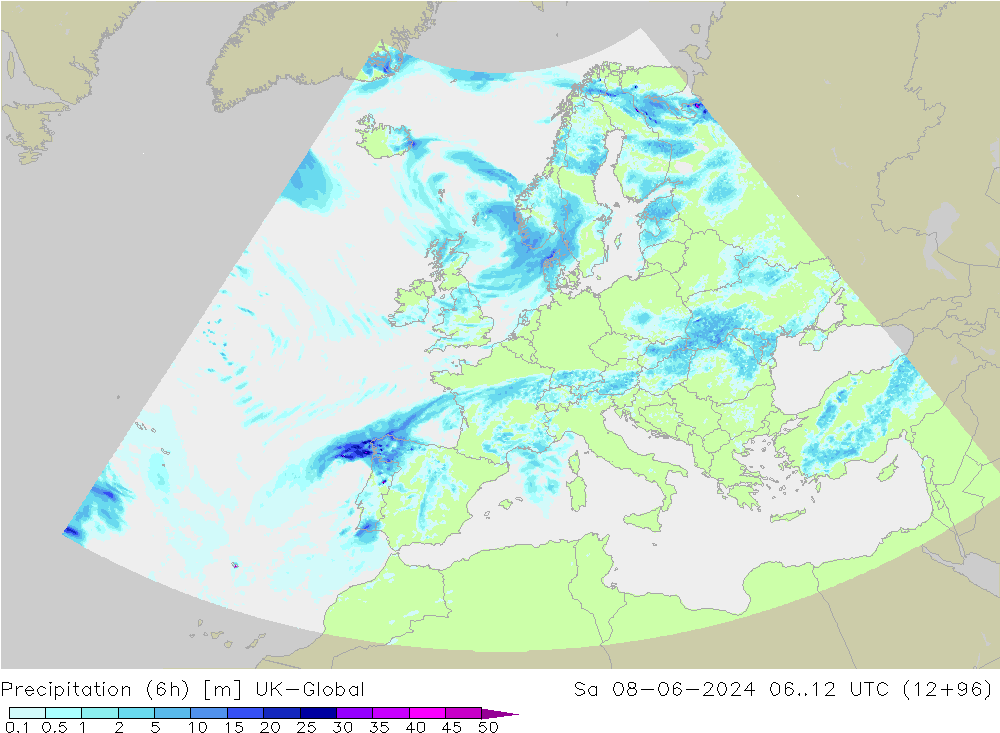 Precipitation (6h) UK-Global So 08.06.2024 12 UTC