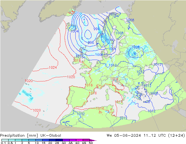 Précipitation UK-Global mer 05.06.2024 12 UTC