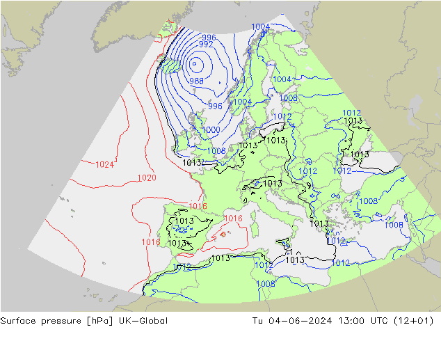 Presión superficial UK-Global mar 04.06.2024 13 UTC