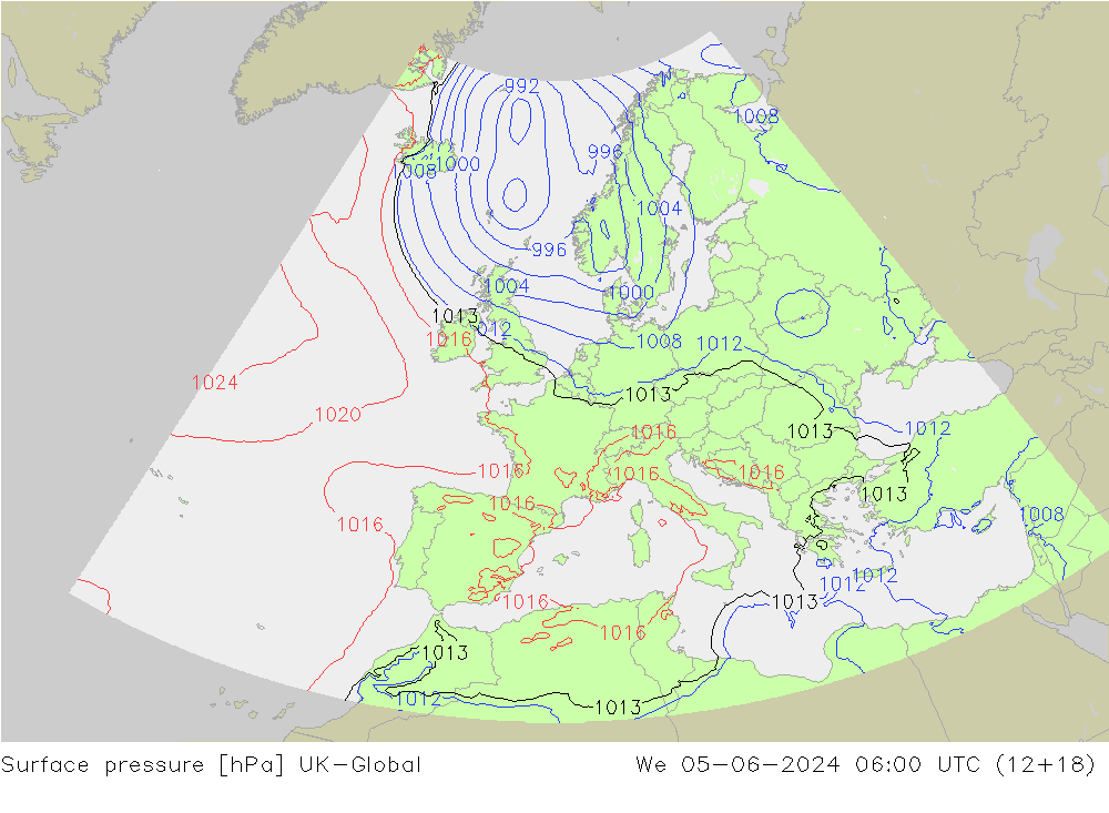 Pressione al suolo UK-Global mer 05.06.2024 06 UTC