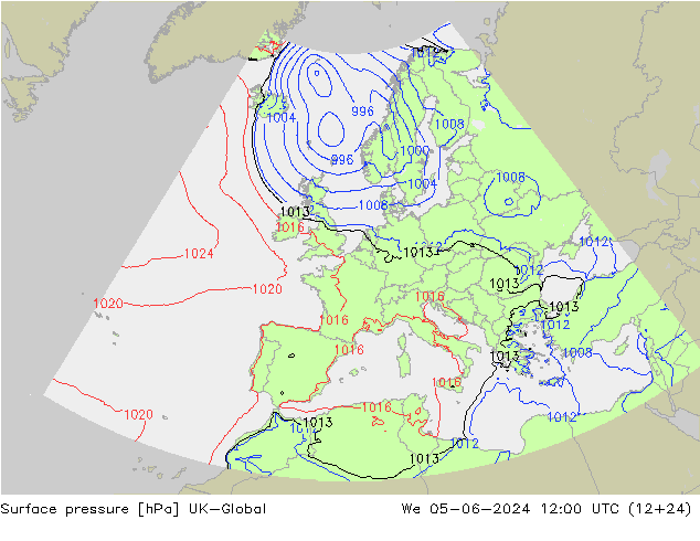 Pressione al suolo UK-Global mer 05.06.2024 12 UTC