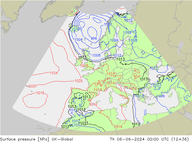 Presión superficial UK-Global jue 06.06.2024 00 UTC