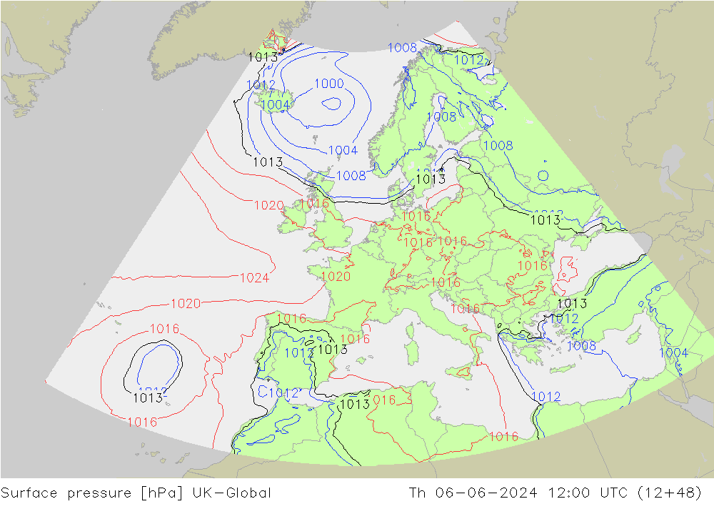 Pressione al suolo UK-Global gio 06.06.2024 12 UTC