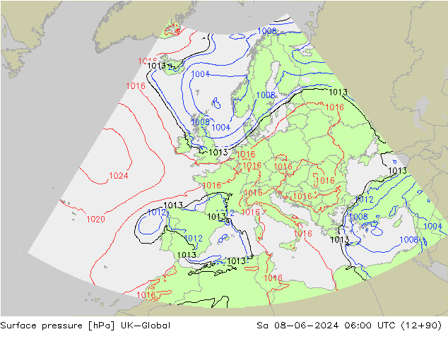 Atmosférický tlak UK-Global So 08.06.2024 06 UTC