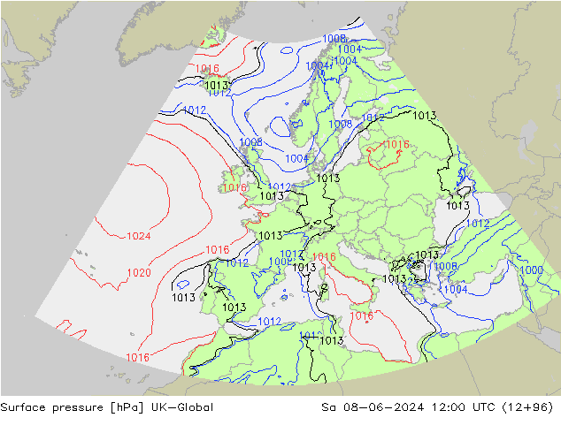 Pressione al suolo UK-Global sab 08.06.2024 12 UTC