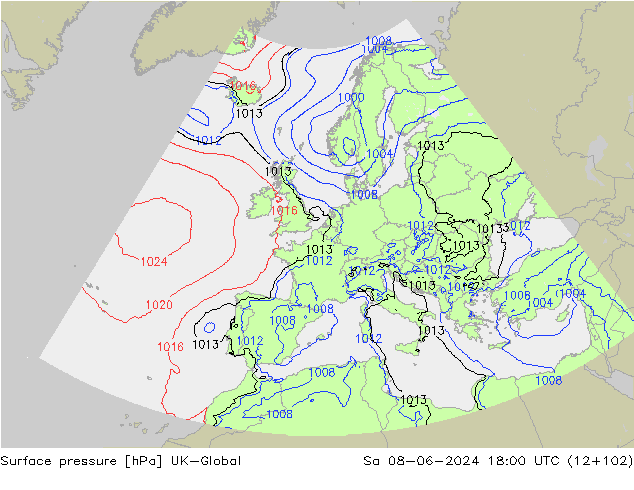 Pressione al suolo UK-Global sab 08.06.2024 18 UTC