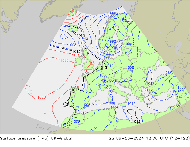 Pressione al suolo UK-Global dom 09.06.2024 12 UTC