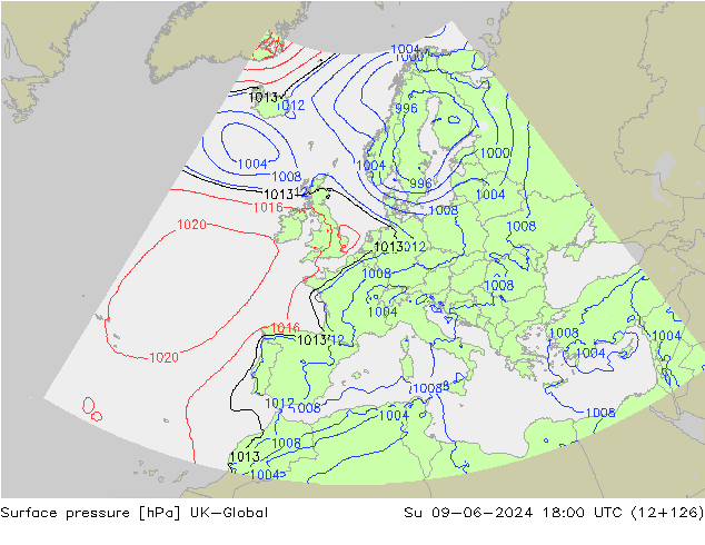 Pressione al suolo UK-Global dom 09.06.2024 18 UTC