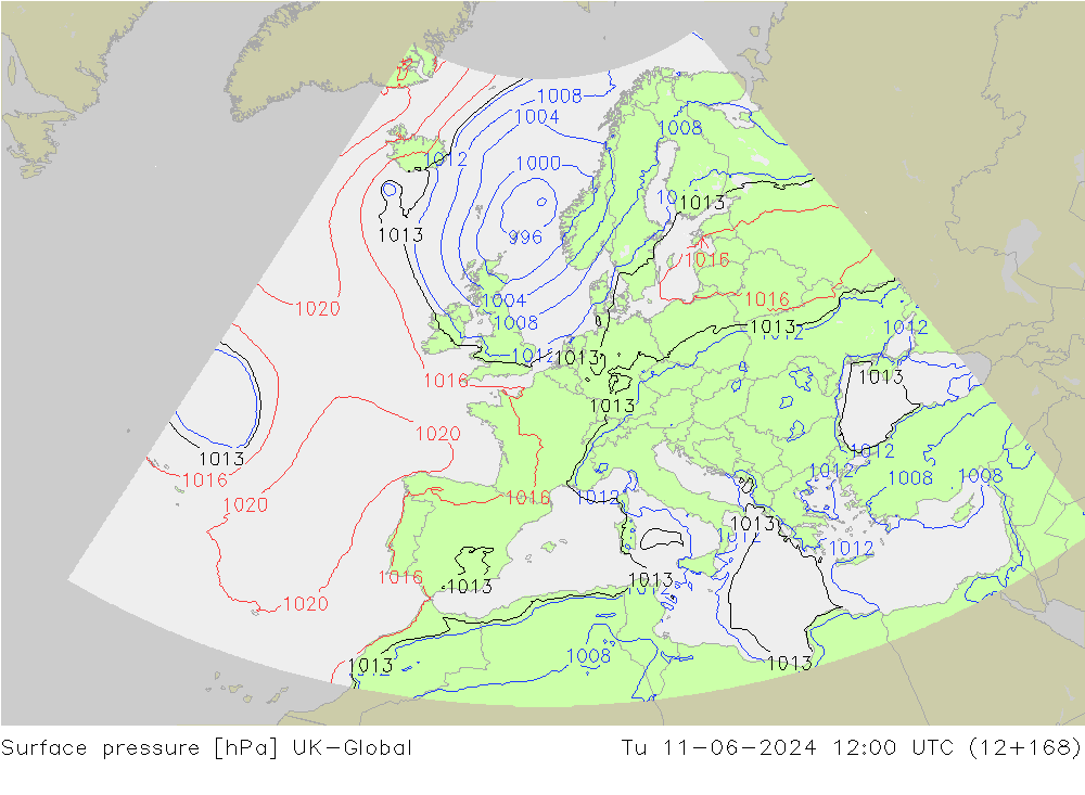 Surface pressure UK-Global Tu 11.06.2024 12 UTC