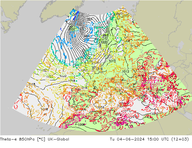 Theta-e 850hPa UK-Global Út 04.06.2024 15 UTC