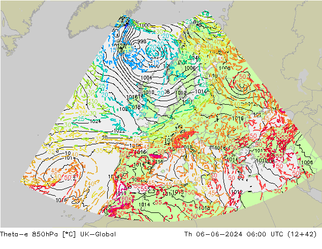 Theta-e 850hPa UK-Global Per 06.06.2024 06 UTC