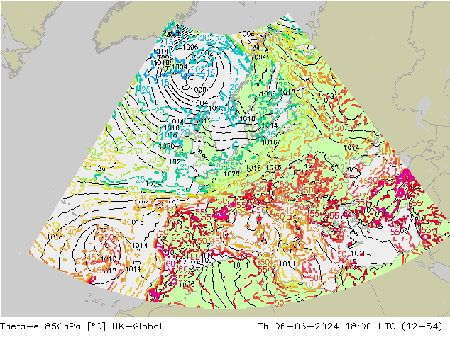 Theta-e 850hPa UK-Global Čt 06.06.2024 18 UTC