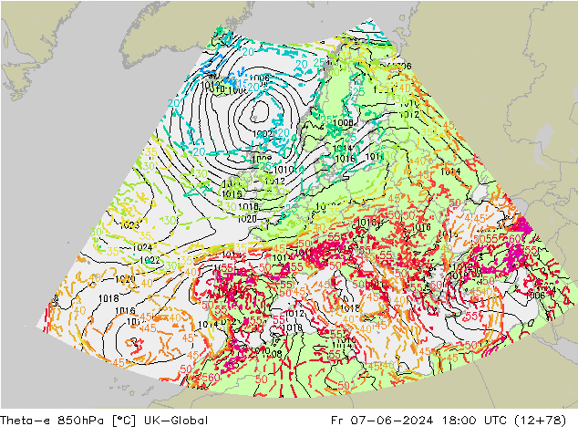 Theta-e 850hPa UK-Global  07.06.2024 18 UTC