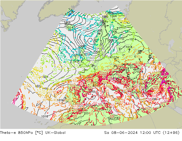 Theta-e 850hPa UK-Global Sa 08.06.2024 12 UTC