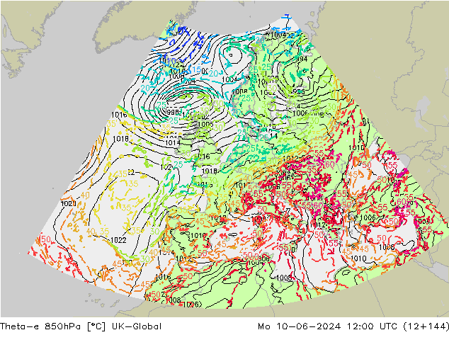 Theta-e 850hPa UK-Global Mo 10.06.2024 12 UTC