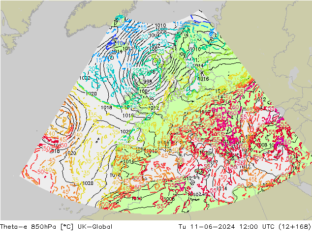 Theta-e 850гПа UK-Global вт 11.06.2024 12 UTC