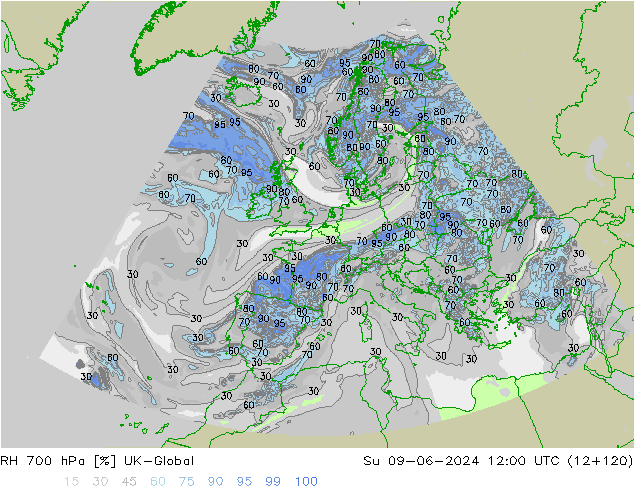 RH 700 гПа UK-Global Вс 09.06.2024 12 UTC