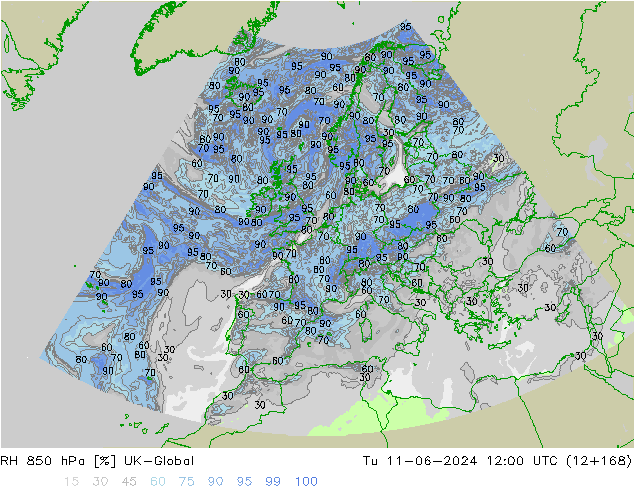 RH 850 hPa UK-Global  11.06.2024 12 UTC