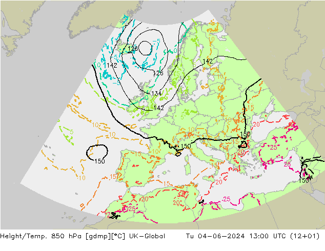 Yükseklik/Sıc. 850 hPa UK-Global Sa 04.06.2024 13 UTC