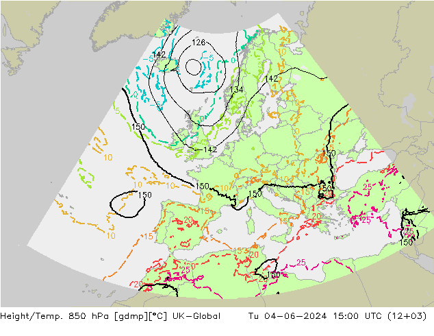 Height/Temp. 850 hPa UK-Global Út 04.06.2024 15 UTC