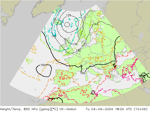 Height/Temp. 850 hPa UK-Global Tu 04.06.2024 18 UTC