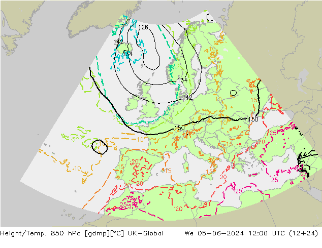 Hoogte/Temp. 850 hPa UK-Global wo 05.06.2024 12 UTC