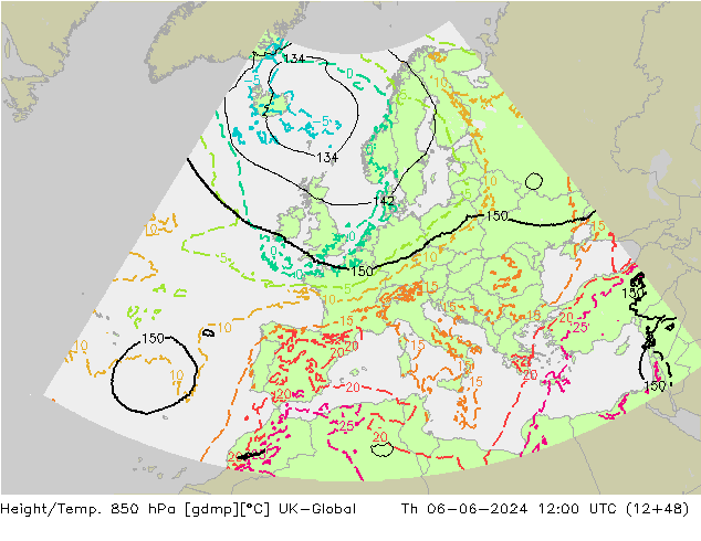 Height/Temp. 850 гПа UK-Global чт 06.06.2024 12 UTC