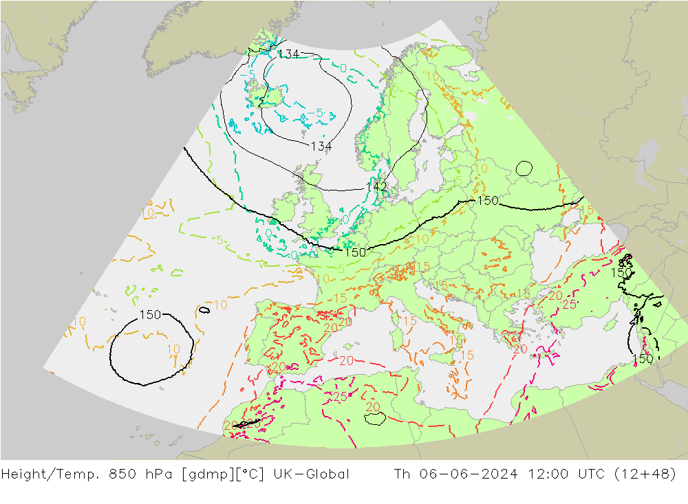 Height/Temp. 850 hPa UK-Global Th 06.06.2024 12 UTC