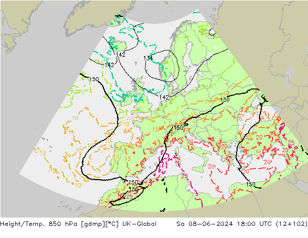 Géop./Temp. 850 hPa UK-Global sam 08.06.2024 18 UTC