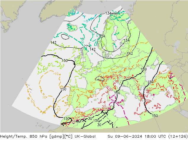 Height/Temp. 850 hPa UK-Global Su 09.06.2024 18 UTC