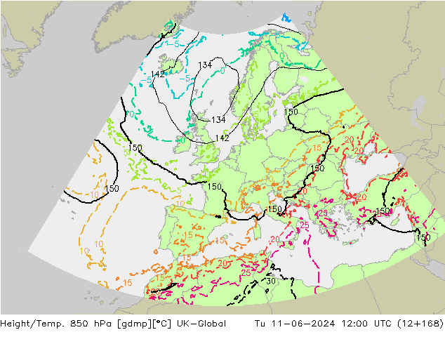 Height/Temp. 850 гПа UK-Global вт 11.06.2024 12 UTC