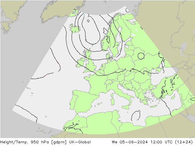 Height/Temp. 950 hPa UK-Global Mi 05.06.2024 12 UTC